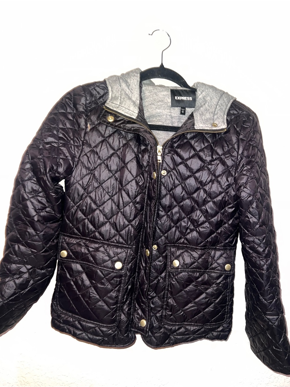 Express Quilted Black Puffer Jacket with Gray Hood